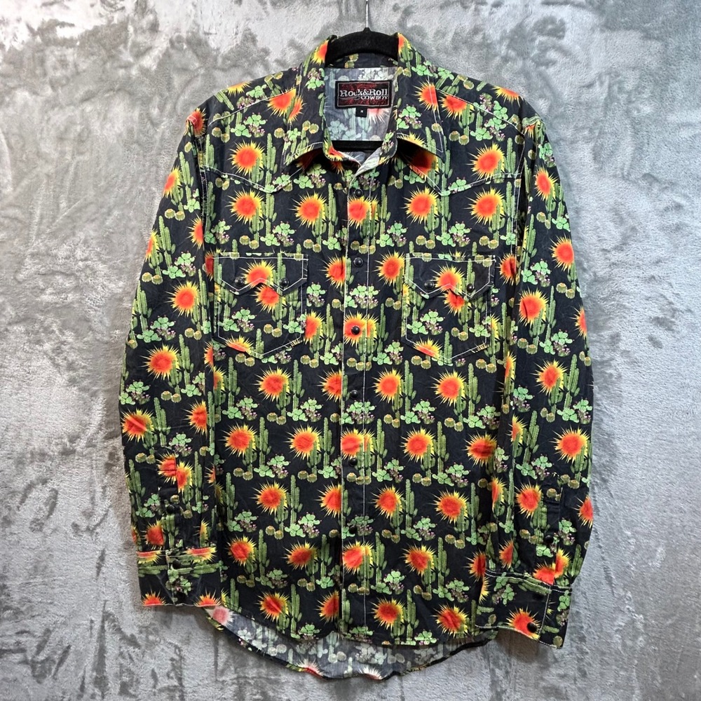 Rock and Roll Cowboy Mens Cactus Sunburst Western Snap Shirt Black B2S2329 M